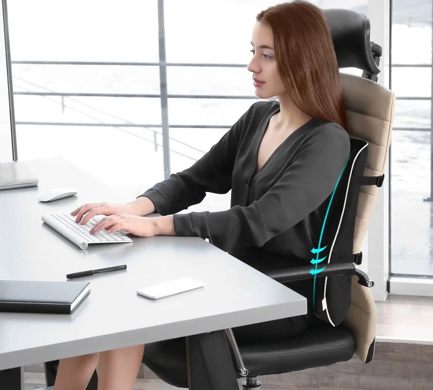 Black and beige ergonomic office chair with lumbar support straps
