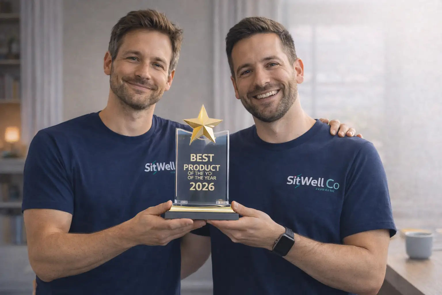 Gold star atop transparent acrylic base with engraved text reading ’best product of the year 2026’’ and a dark wood plaque beneath.