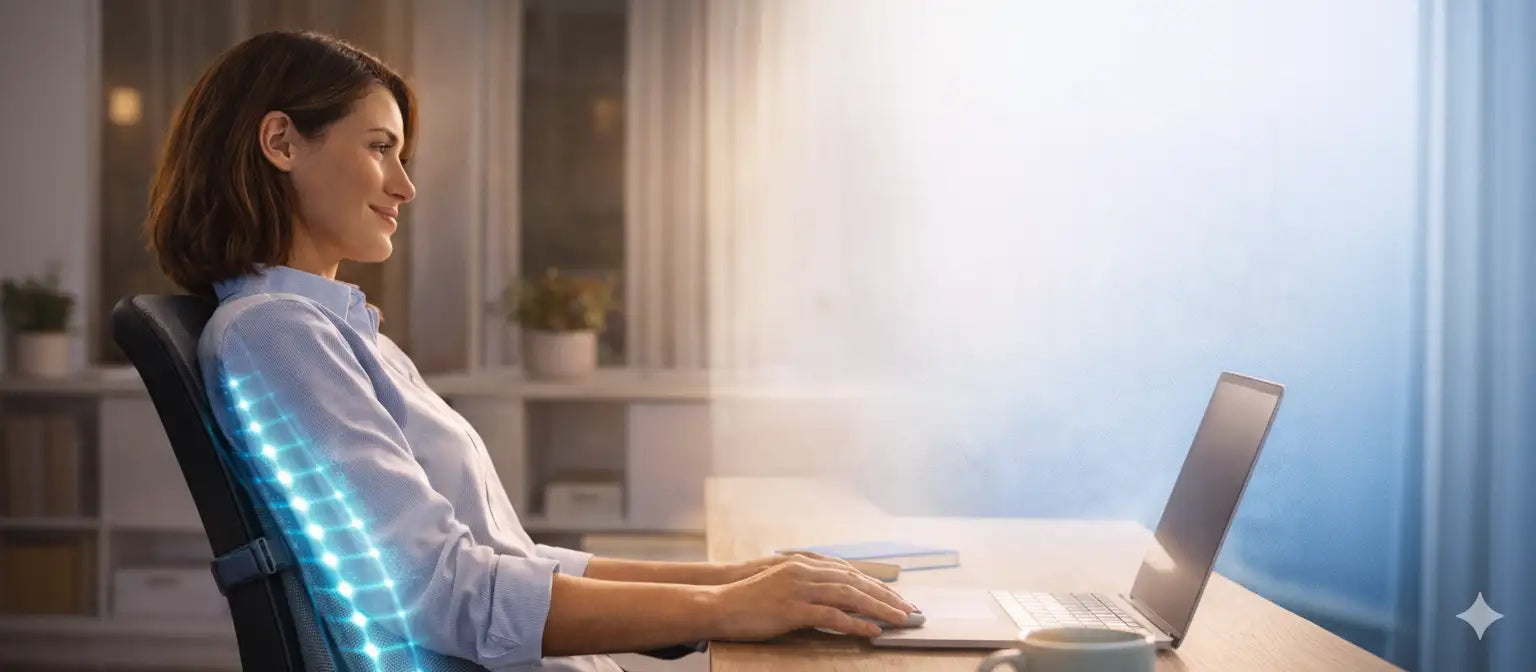 A woman sits in a black ergonomic office chair with an illuminated blue led back support.